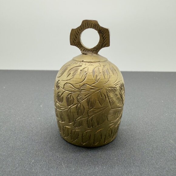 Vintage Solid Brass Small Hand Bell With Etched Leaf Design Ornate Made in India - Picture 1 of 10